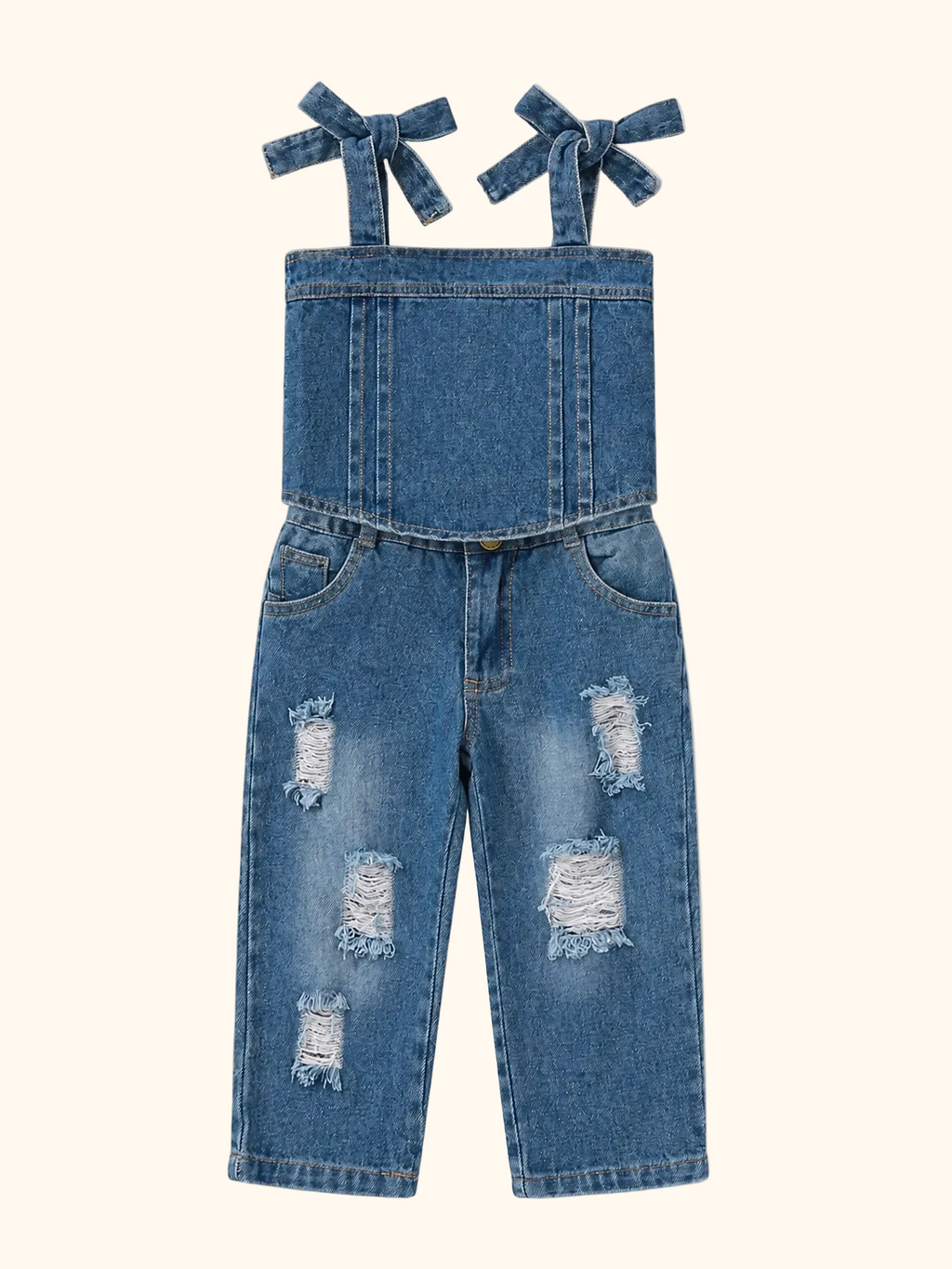 Kids’ Tie-Shoulder Denim Top and Distressed Jeans Set