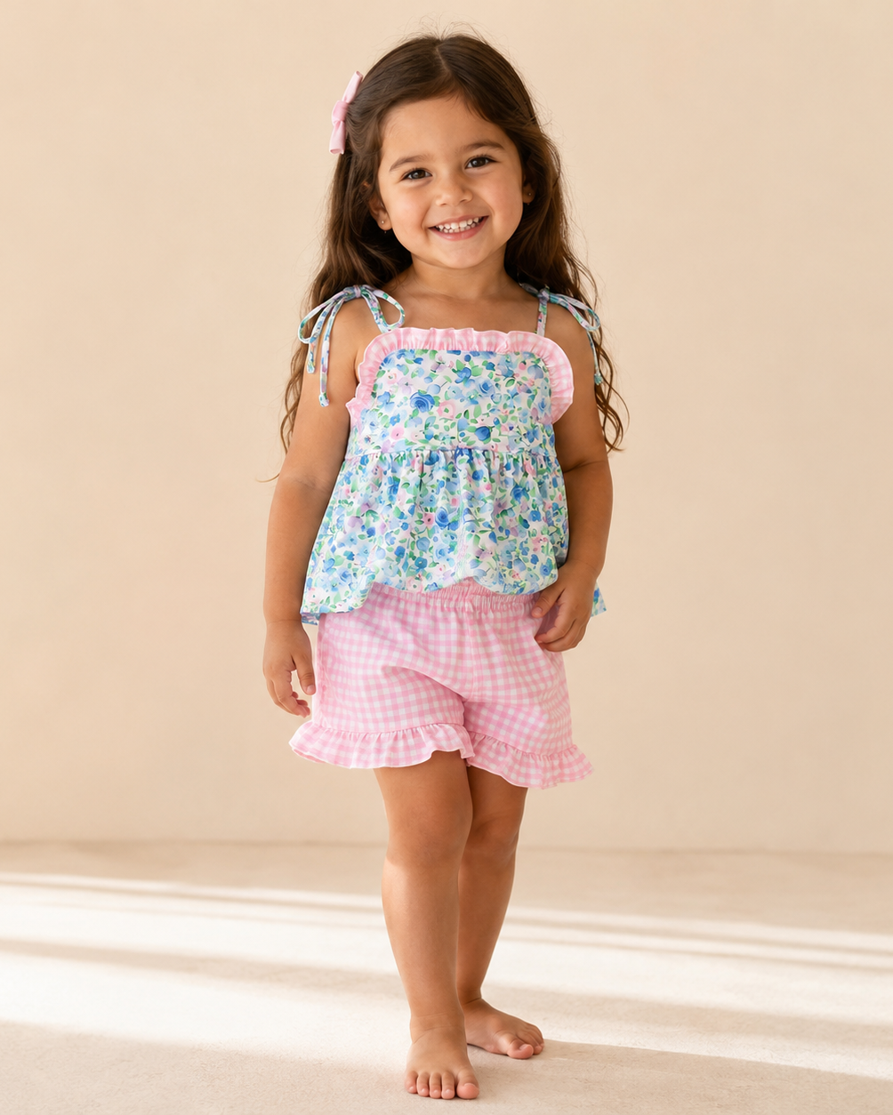 Baby Floral Tie-Strap Dress and Gingham Ruffle Shorts Set