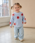 Cable Knit Floral Applique Sweater - Blue