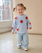 Cable Knit Floral Applique Sweater - Blue