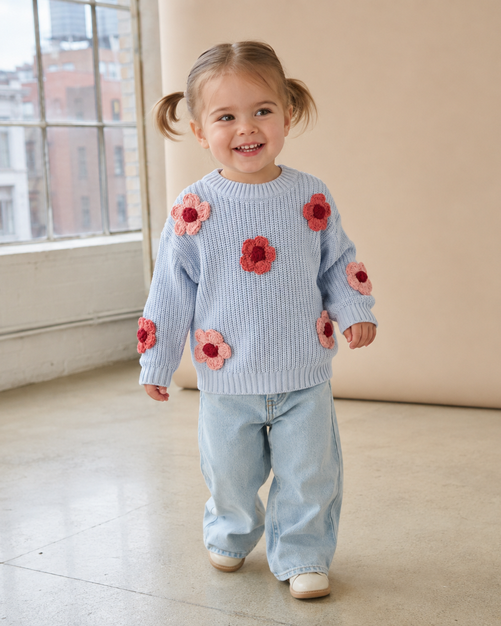 Cable Knit Floral Applique Sweater - Blue
