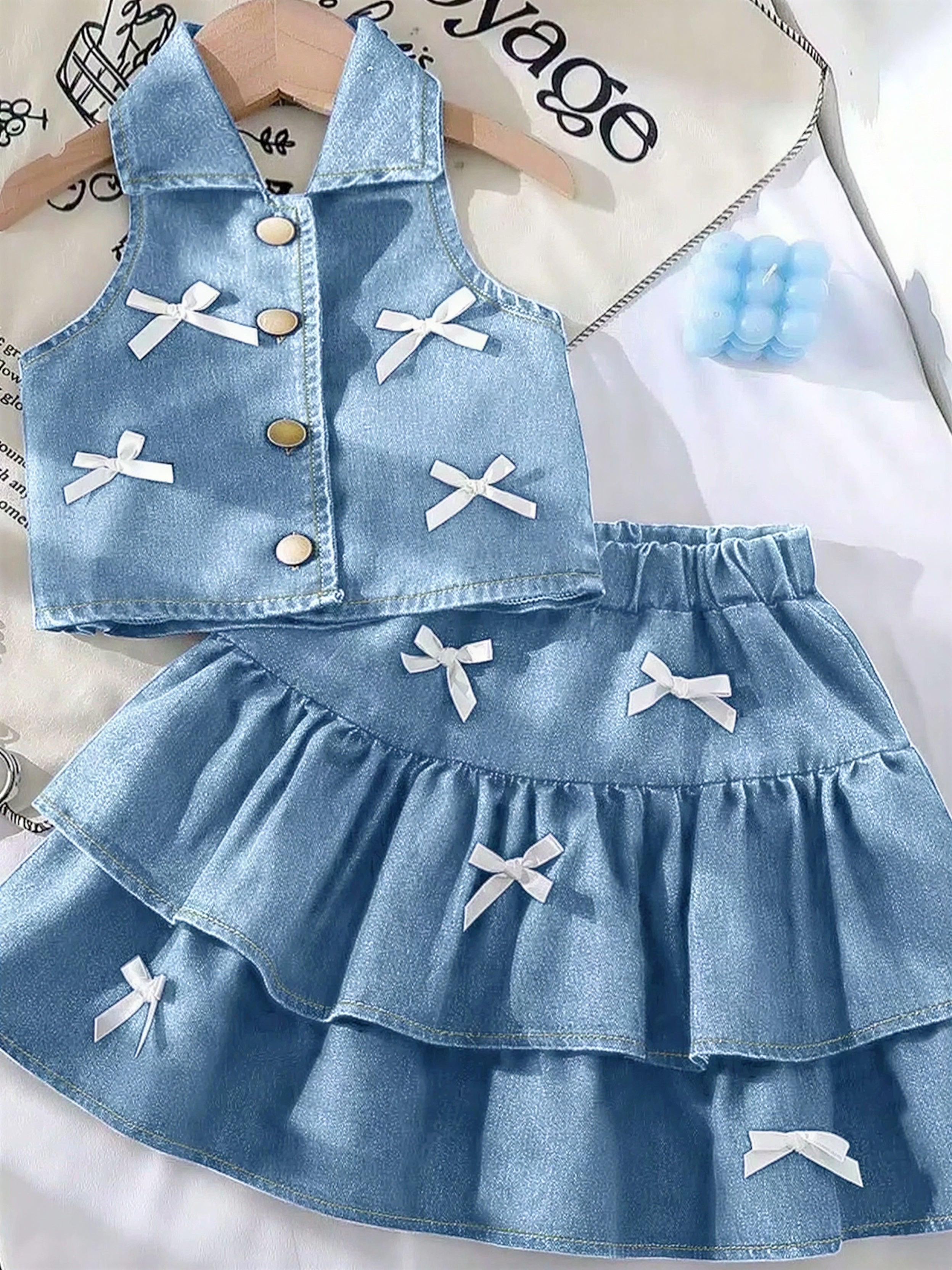 Button Up Vest and Skirt Denim Set
