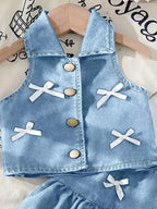 Kids Denim Button-Up Vest & Tiered Bow Skirt Set