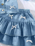 Kids Denim Button-Up Vest & Tiered Bow Skirt Set