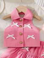 Kids Denim Button-Up Vest & Tiered Bow Skirt Set