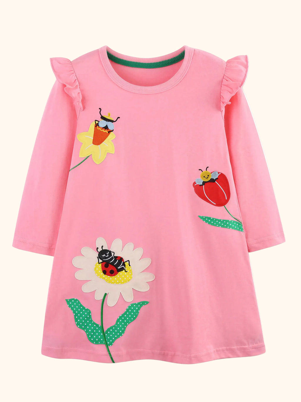 Insect and Flower Appliques Long-Sleeve Dress