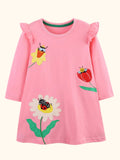 Insect and Flower Appliques Long-Sleeve Dress