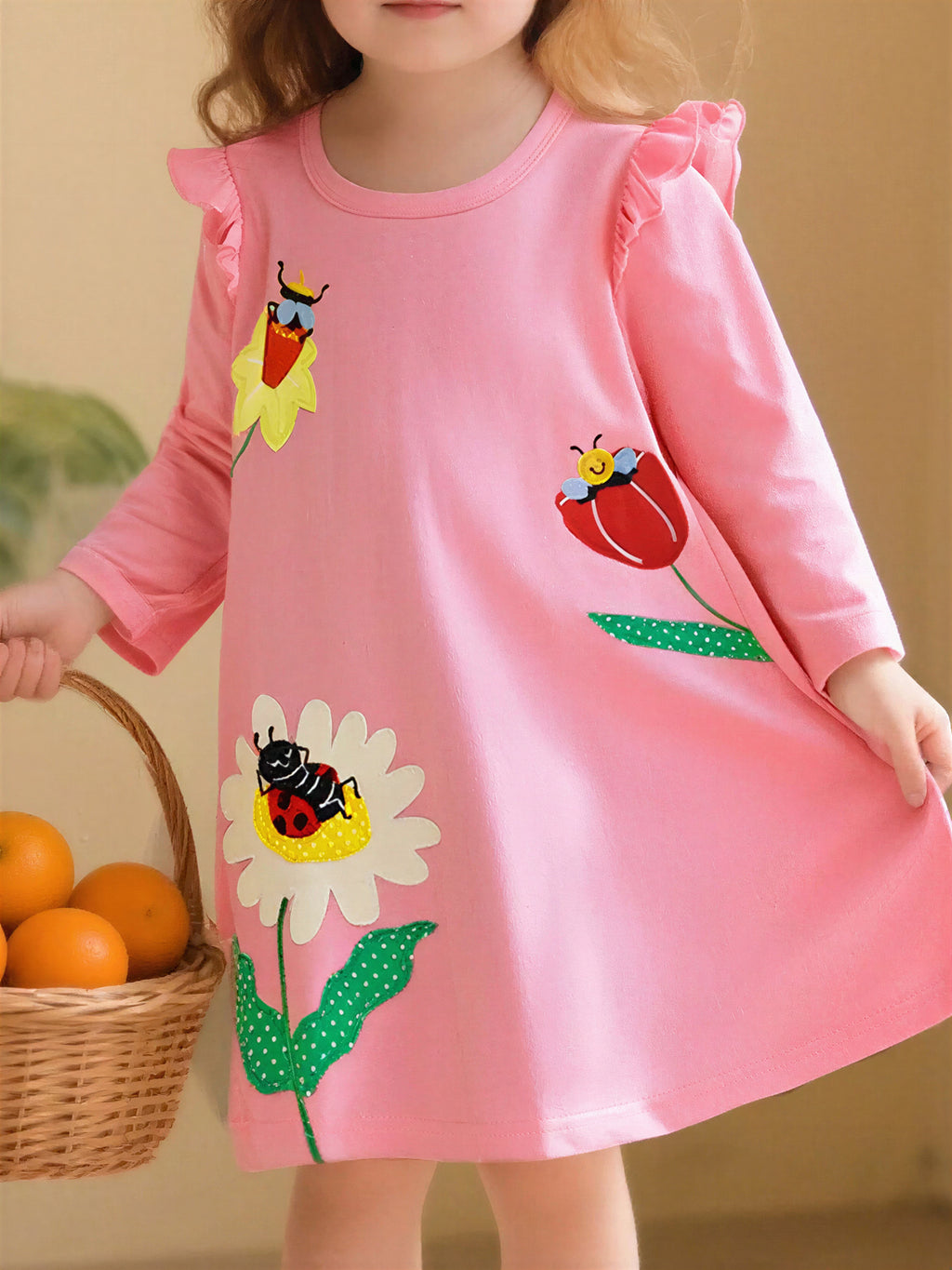 Insect and Flower Appliques Long-Sleeve Dress