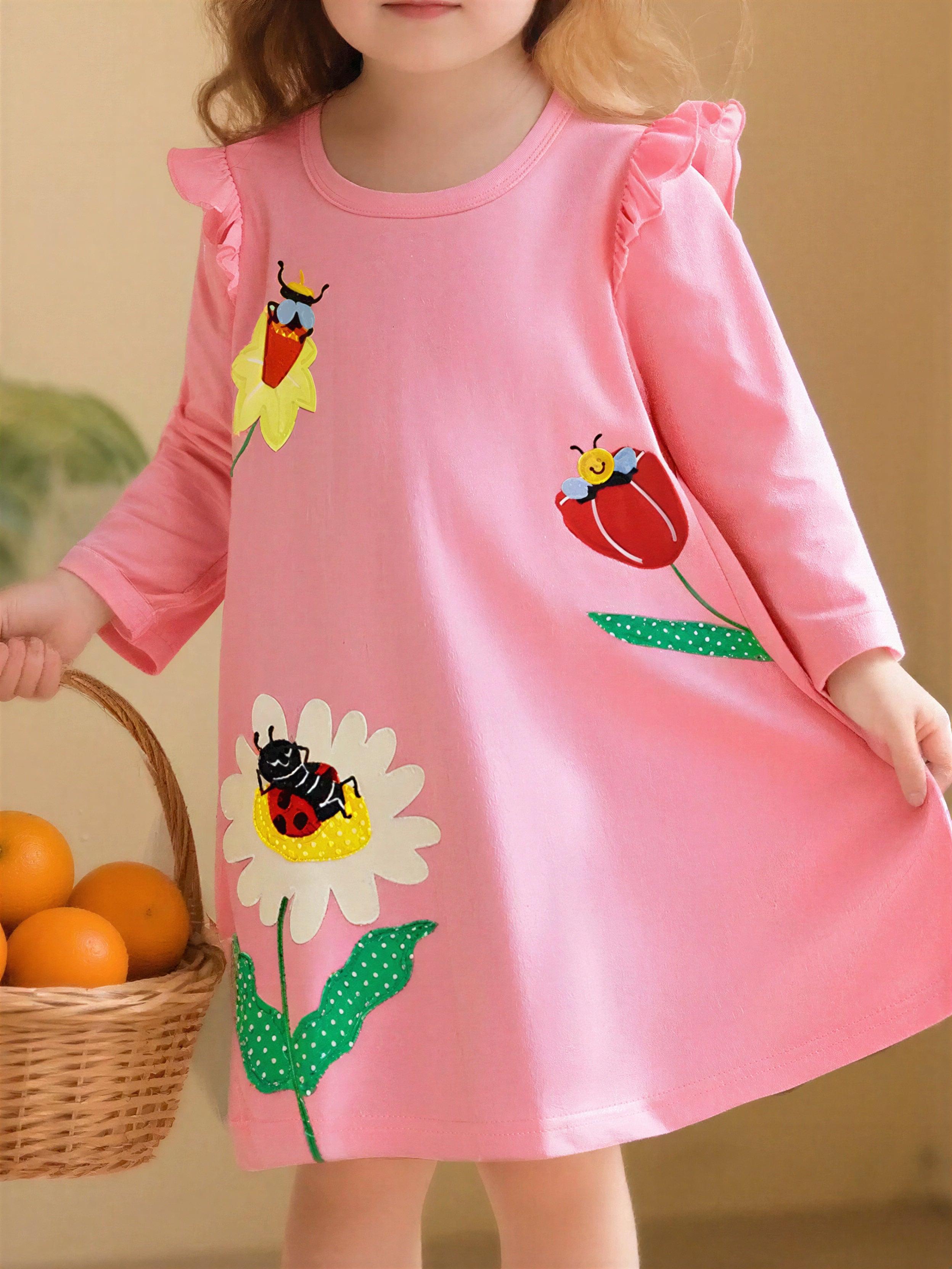 Insect and Flower Appliques Long-Sleeve Dress