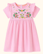 Kids Pink Floral Embroidered Ruffle Sleeve Cotton Dress