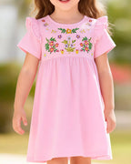 Kids Pink Floral Embroidered Ruffle Sleeve Cotton Dress