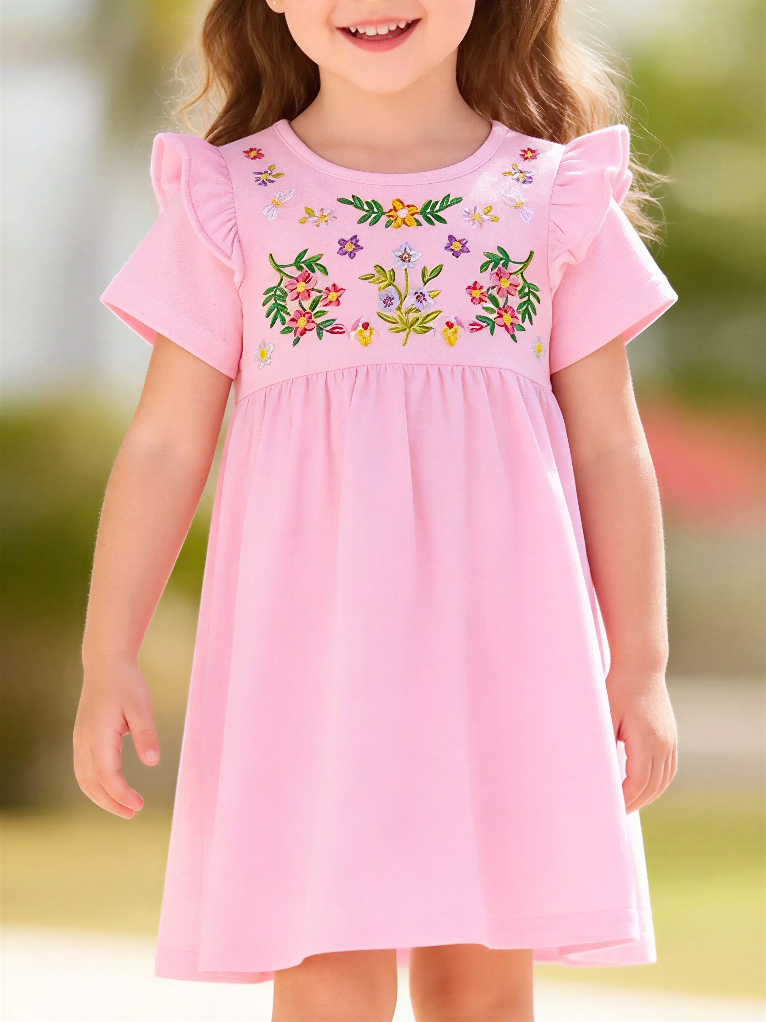 Floral Embroidered Ruffle Sleeve Casual Dress