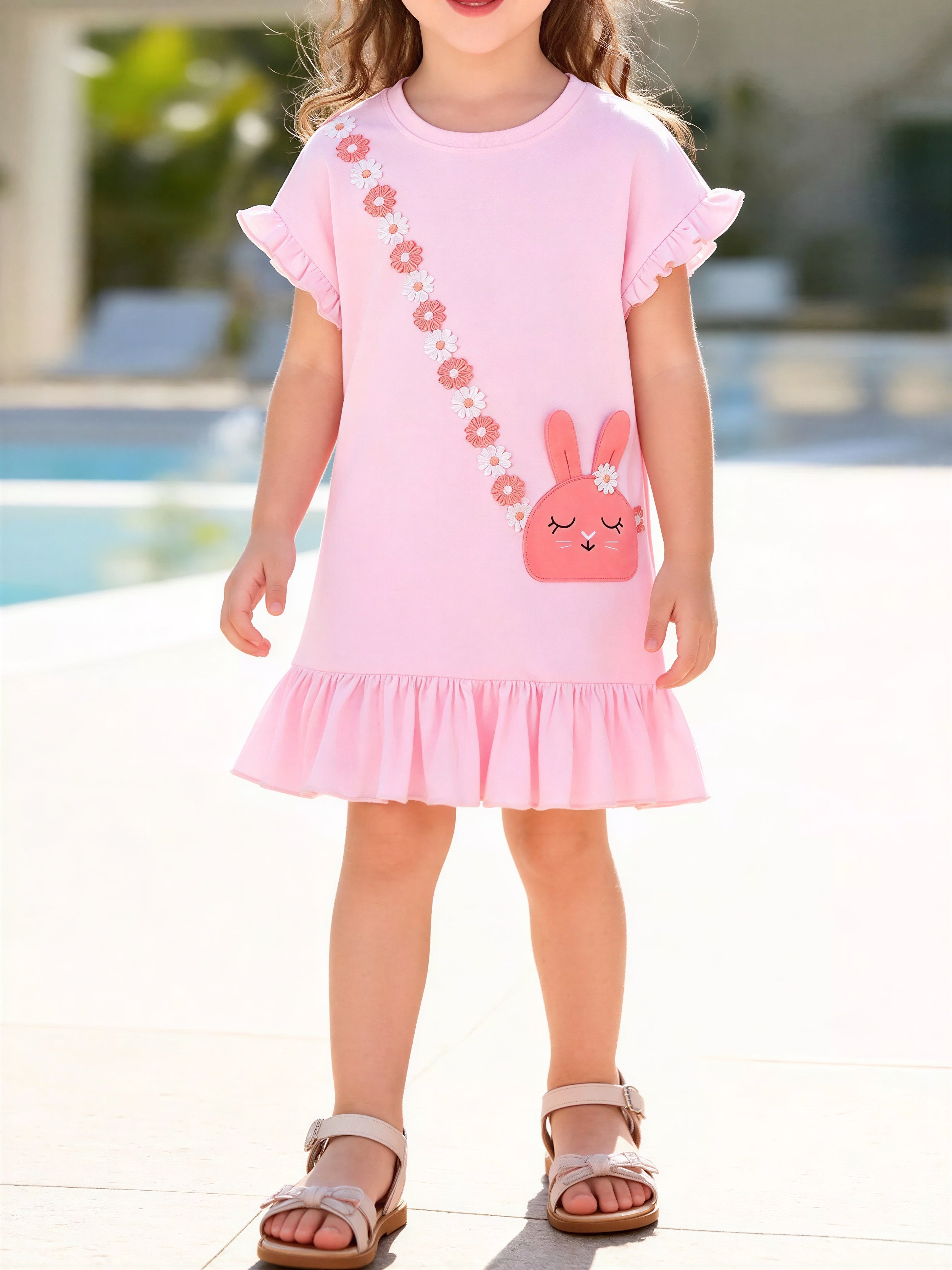 Kids Bunny Appliqué Ruffle Hem Cotton Dress