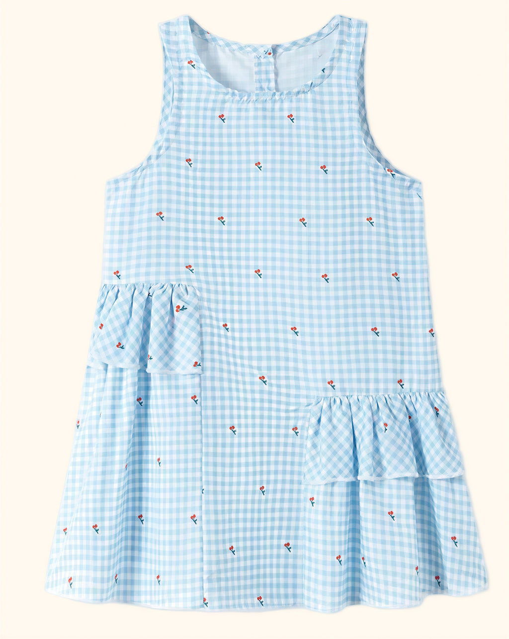 Kids Blue Gingham Ruffle Sleeveless Cotton Dress