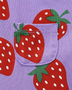 Purple kids strawberry print dress with small chest patch pocket, pocket detail view