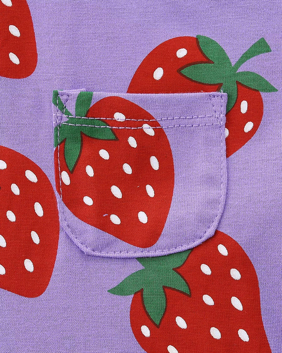 Purple kids strawberry print dress with small chest patch pocket, pocket detail view